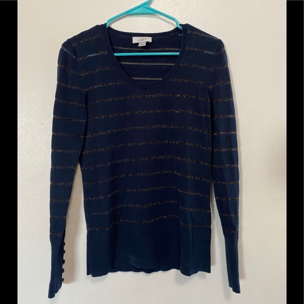 LOFT Navy & Gold Stripe Lightweight Sweater – Size S